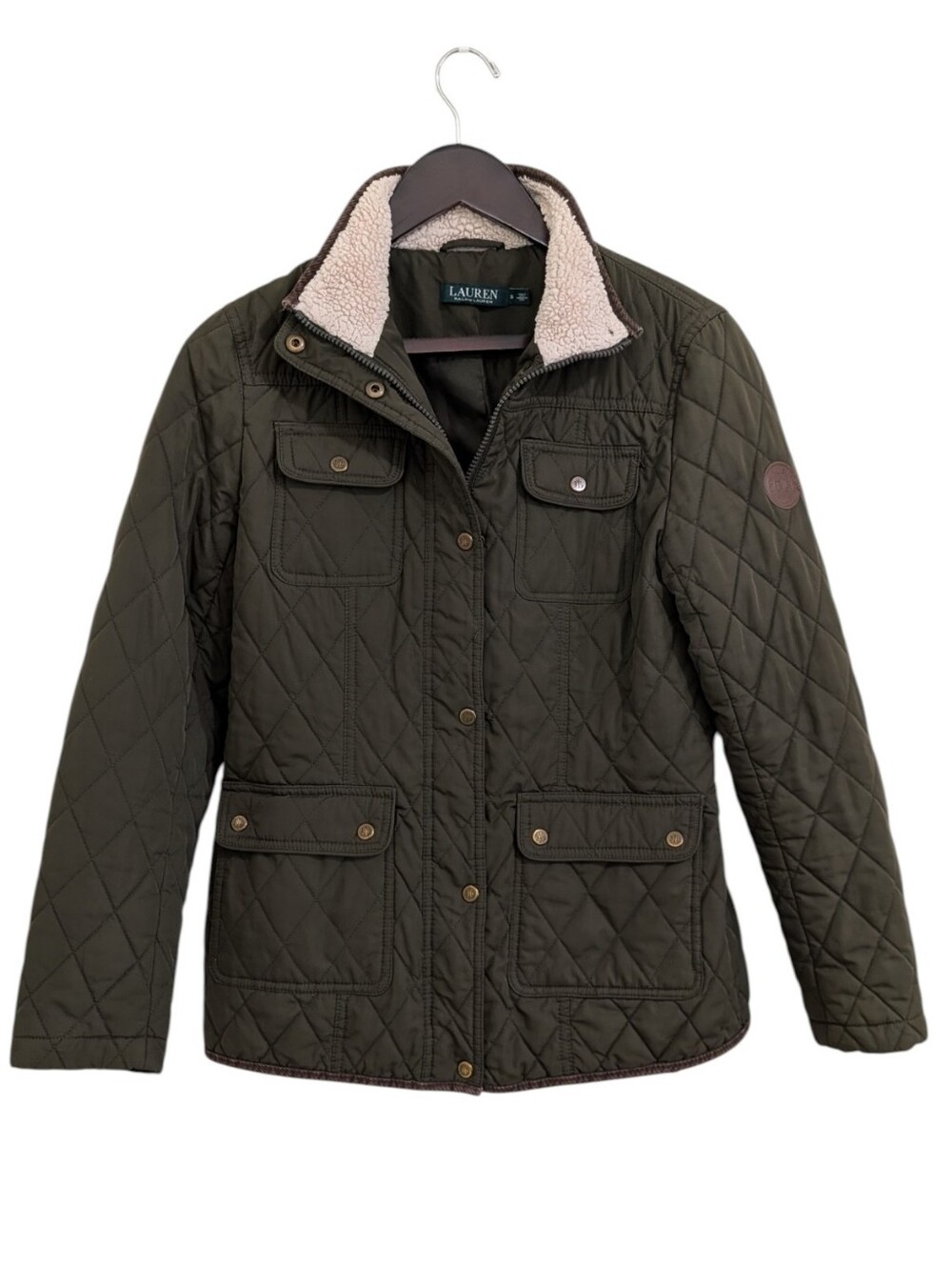 Lauren Ralph Lauren Women's Olive Green Quilted Faux Sherpa Collar Jacket Size S